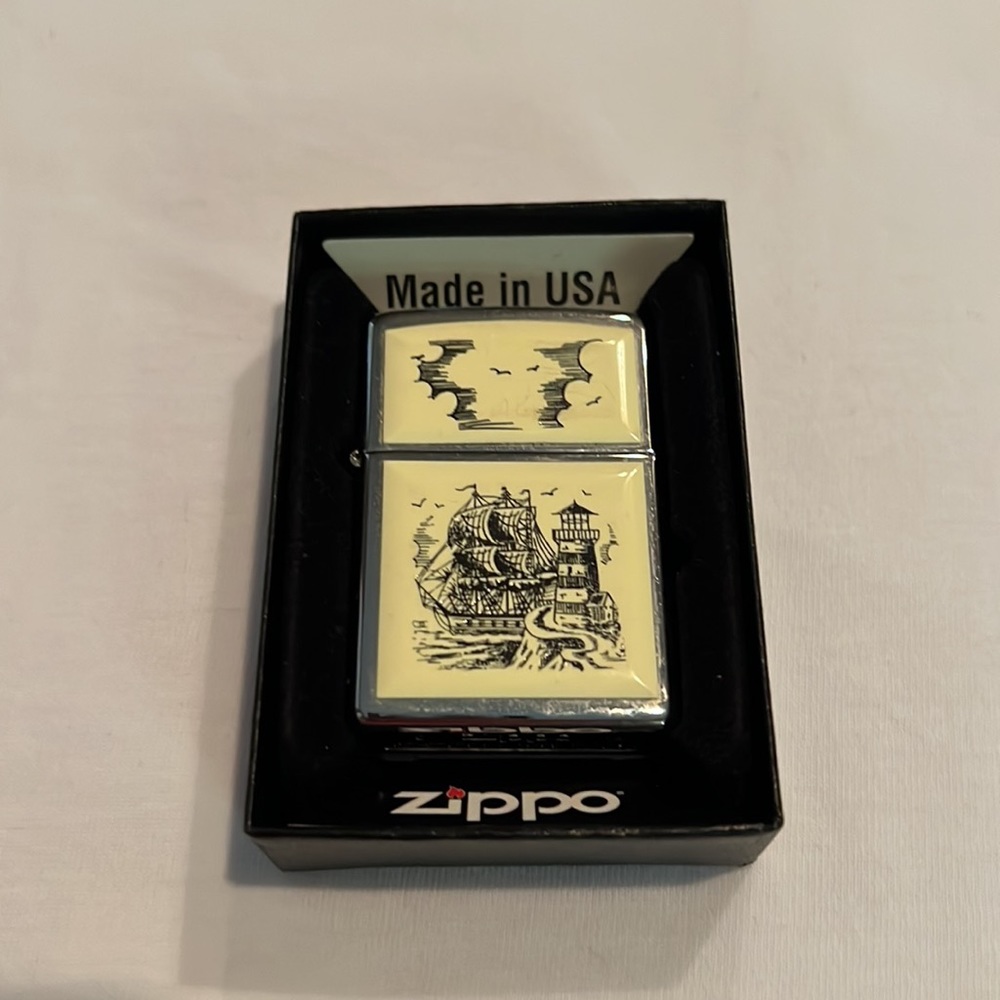Zippo lighter with Ship and Scrimshaw design